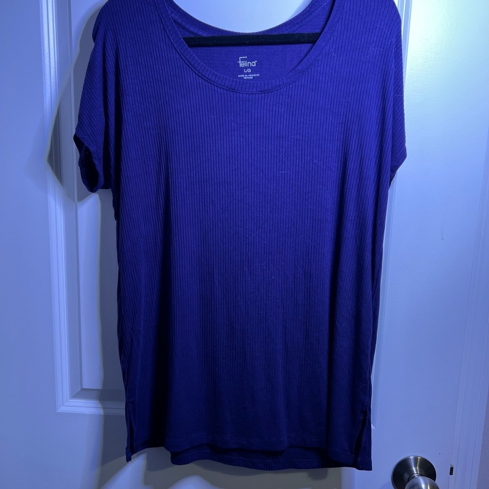 Felina Purple Ribbed Short Sleeve T‎ Shirt Top Women Size L Basic Minimalist